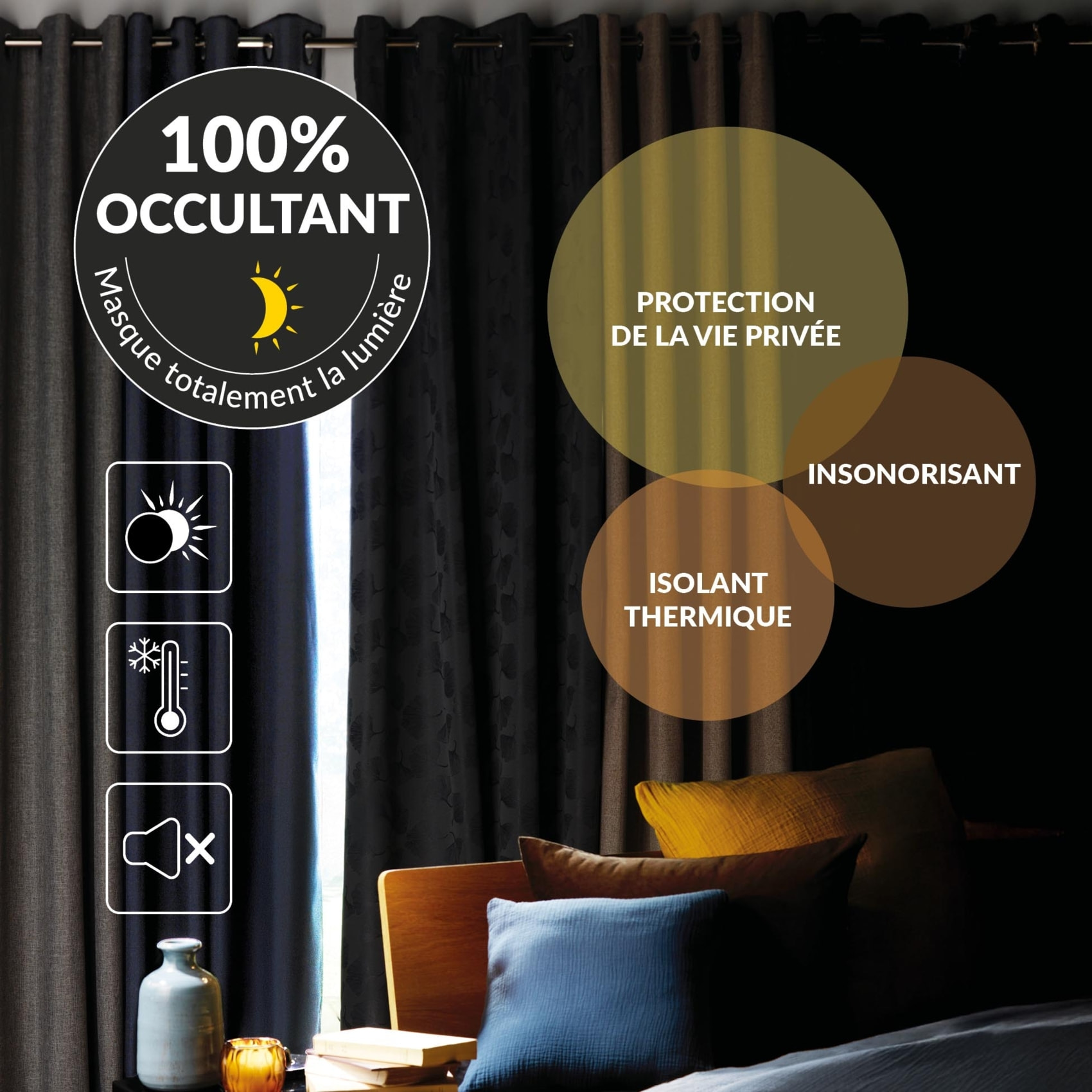 Rideau court occultant, isolant thermique et phonique en chambray - Marron Brun
