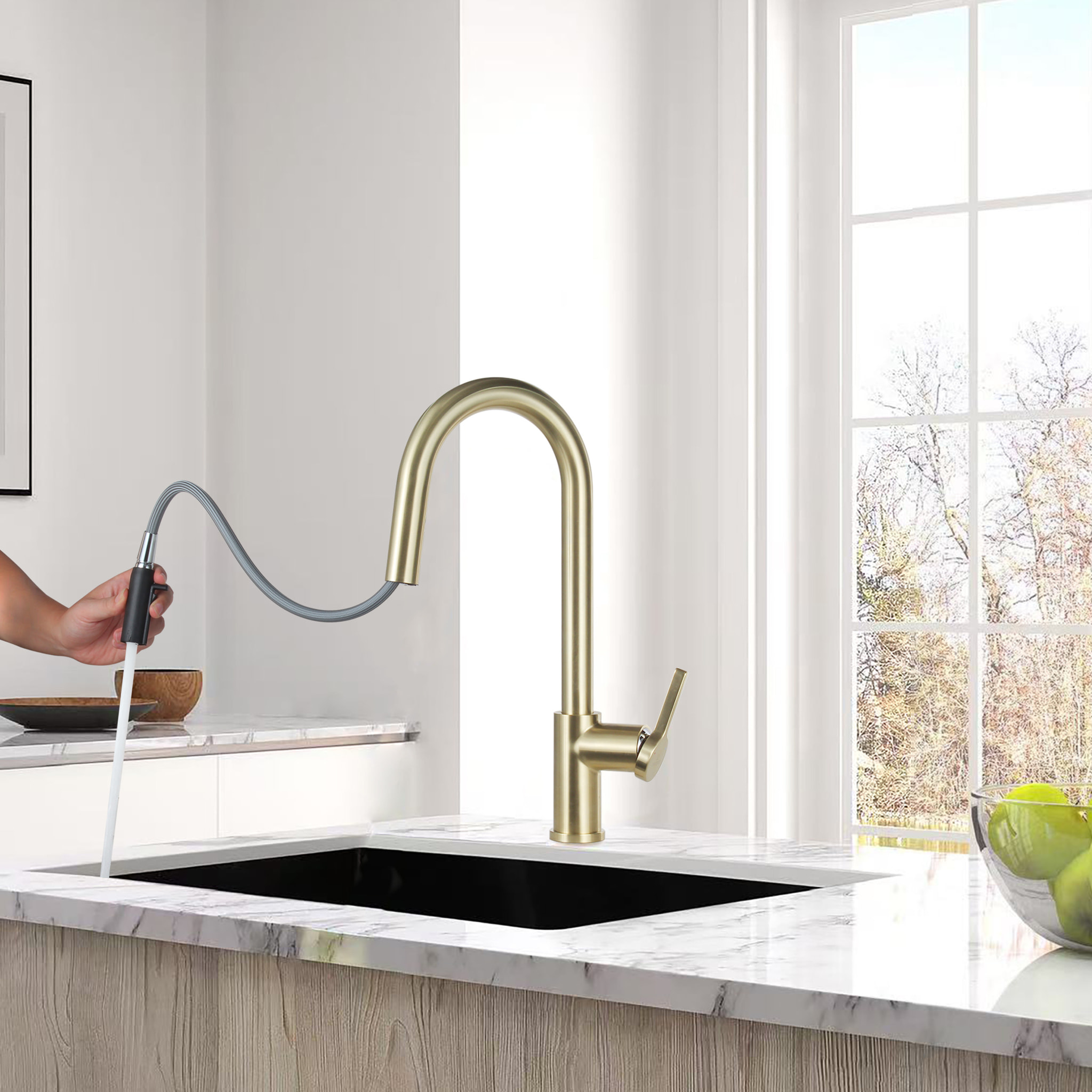 Aurum set mitigeur lavabo + mitigeur cuisine Ceramia Timeless acier inoxydable, douchette extractible, or brossé (SATTMLBA285BG)