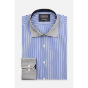 Camicia Uomo 1 Bottone Francese Slim Popeline Stretch Riga Media Blu Inchiostro\Bianco