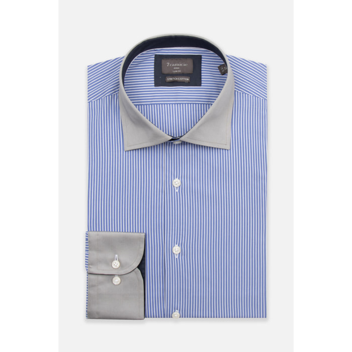 Camicia Uomo 1 Bottone Francese Slim Popeline Stretch Riga Media Blu Inchiostro\Bianco