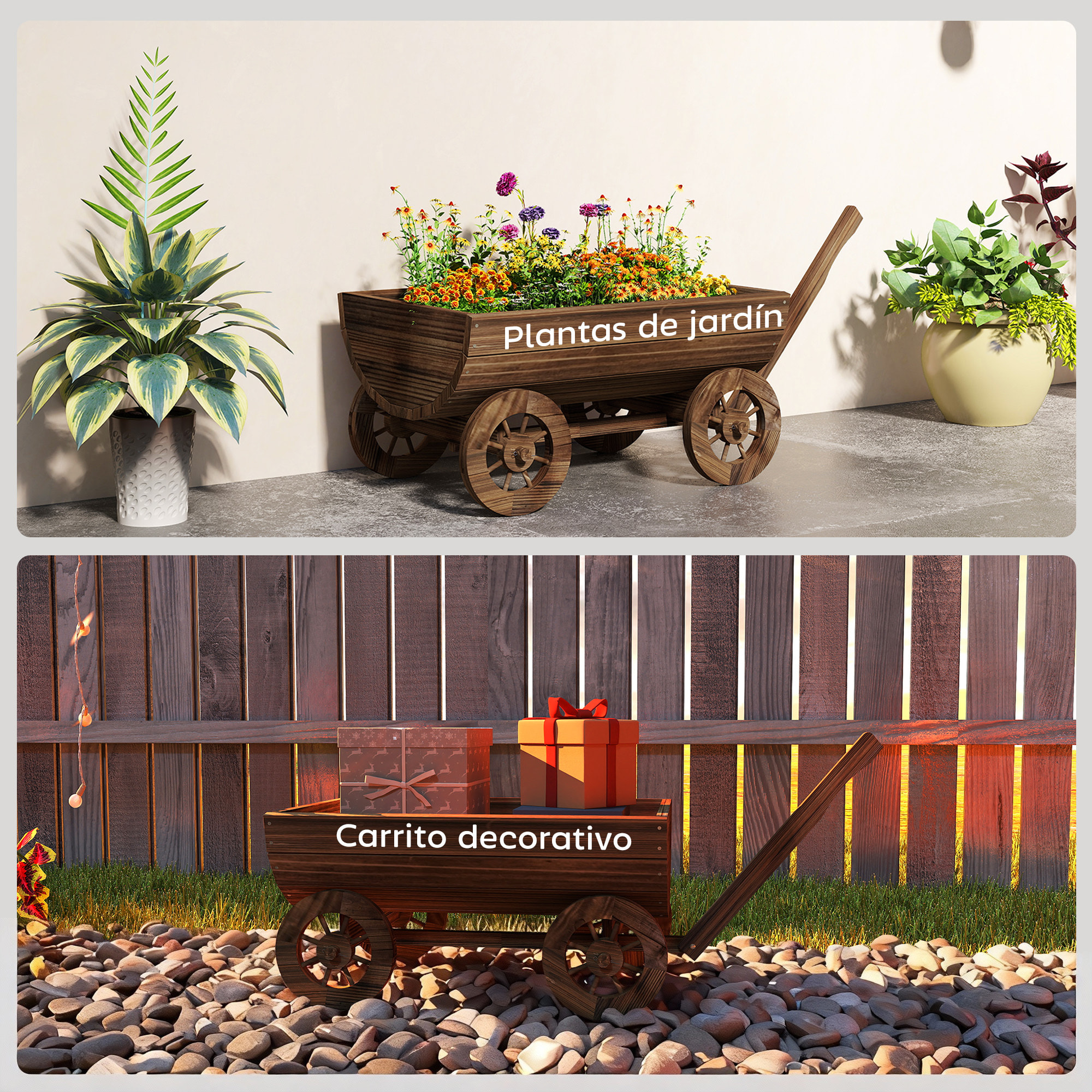 Carrito de Madera Decorativa con 4 Ruedas y Mango, Jardinera Exterior Móvil con Orificio de Drenaje, Macetero Exterior para Cultivos, Plantas, Jardín, Terraza, 115x40x54,5 cm, Carbonizado