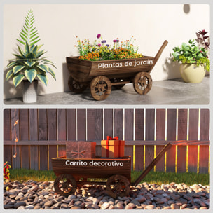 Carrito de Madera Decorativa con 4 Ruedas y Mango, Jardinera Exterior Móvil con Orificio de Drenaje, Macetero Exterior para Cultivos, Plantas, Jardín, Terraza, 115x40x54,5 cm, Carbonizado