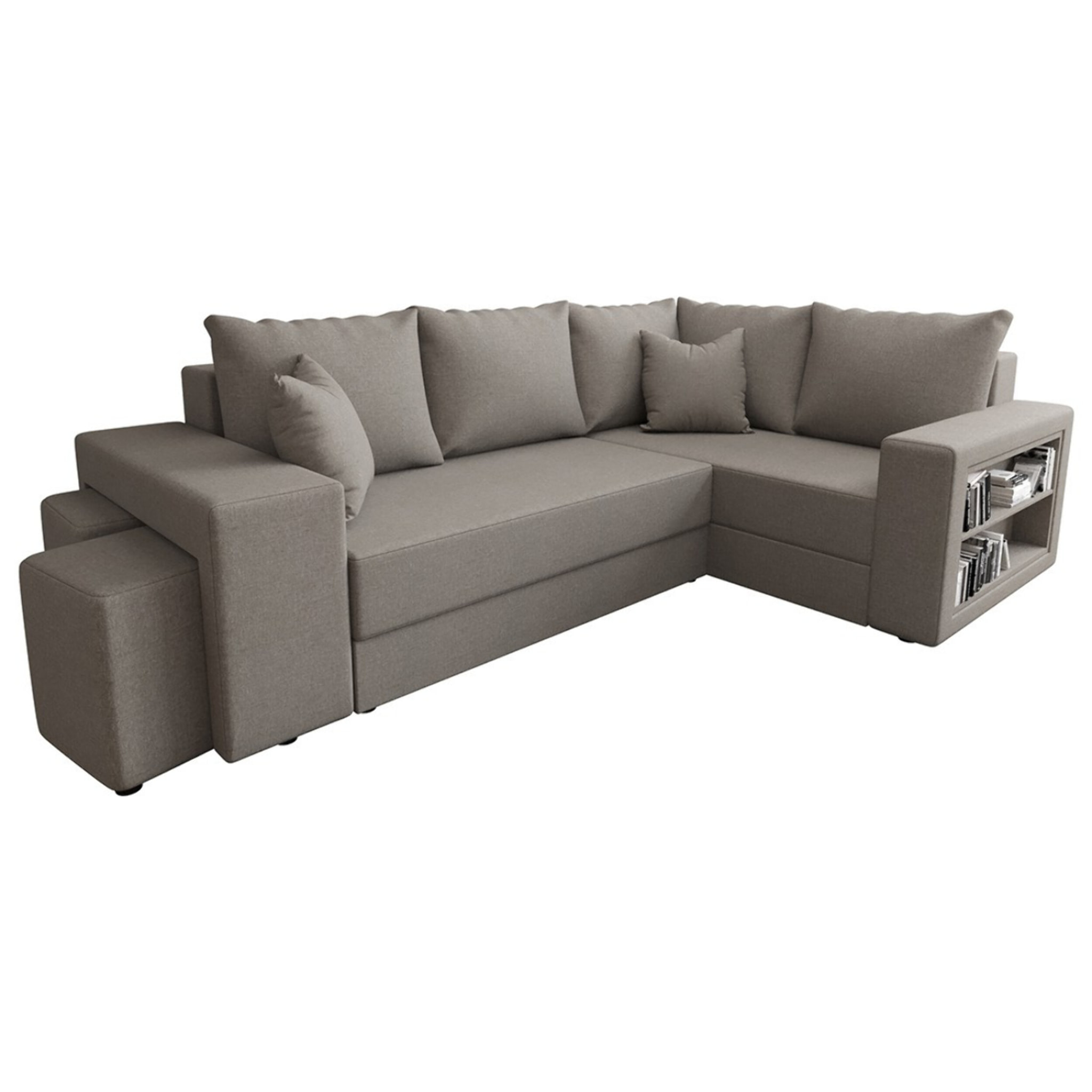 Libbie - Canapé d'angle droit 4 places convertible avec coffre, étagère et poufs en tissu - Gris