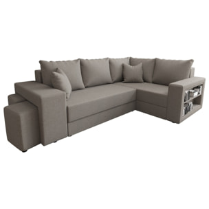 Libbie - Canapé d'angle droit 4 places convertible avec coffre, étagère et poufs en tissu - Gris