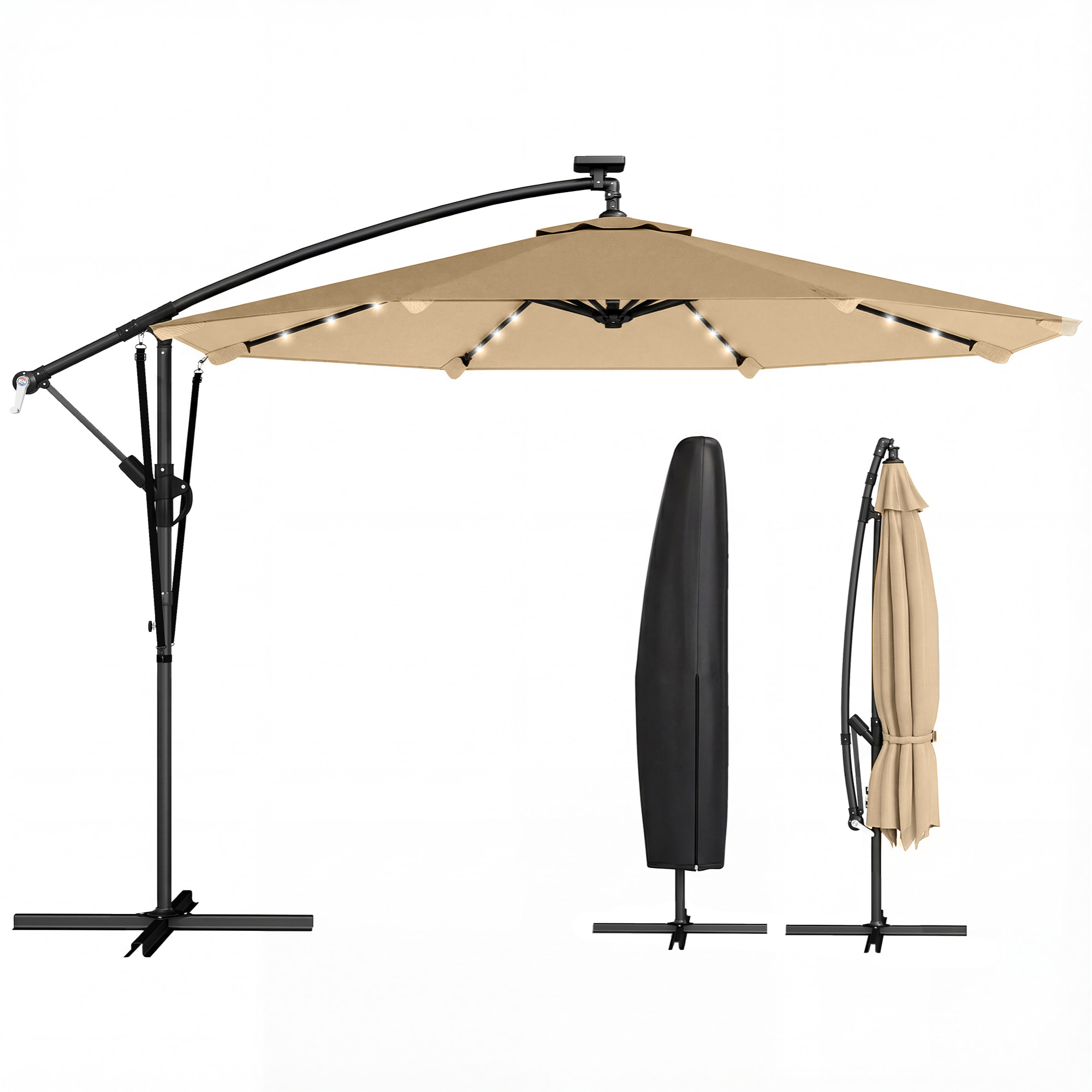Parasol Excéntrico con Luces LED Solares, Ø330 cm, Sombrilla de Jardín con Base Cruzada, Manivela, Funda Protectora y Cuerda de Viento, Anti-UV 50+, para Terraza, Patio, Caqui