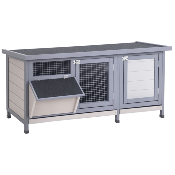 Conejera de Madera, Jaula para Conejos con Techo Asfáltico Abatible, Puertas con Pestillo, Bandejas Extraíbles y Comedero, Conejera para Exterior, 112x50x54 cm, Gris