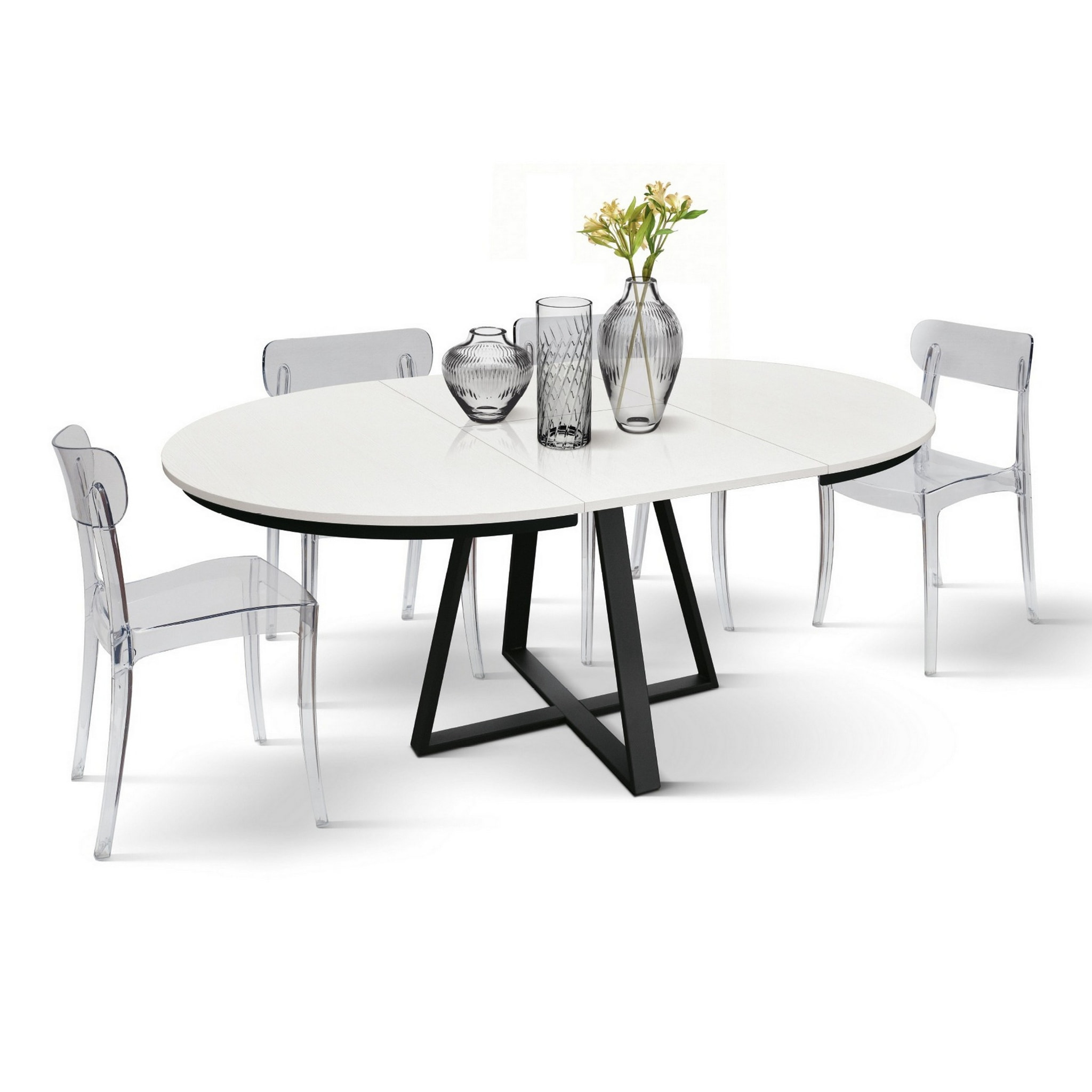 Tavolo rotondo PANTELLERIA in legno effetto bianco frassinato con base a X in metallo antracite, allungabile ⌀120 cm - ⌀170 cm