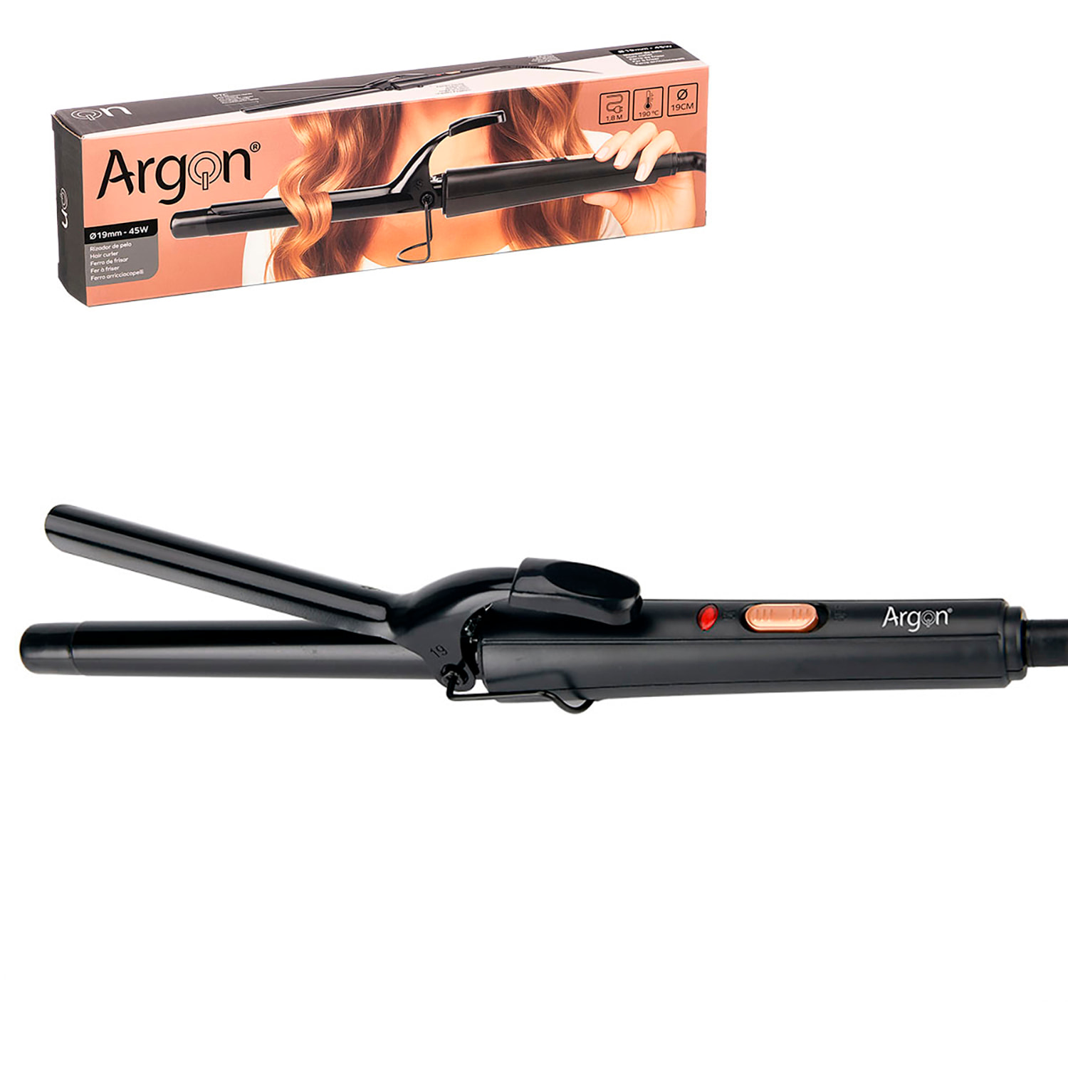 Rizador de pelo negro con tubo de 19mm y 45W. Temperatura de 190°C ±10°.