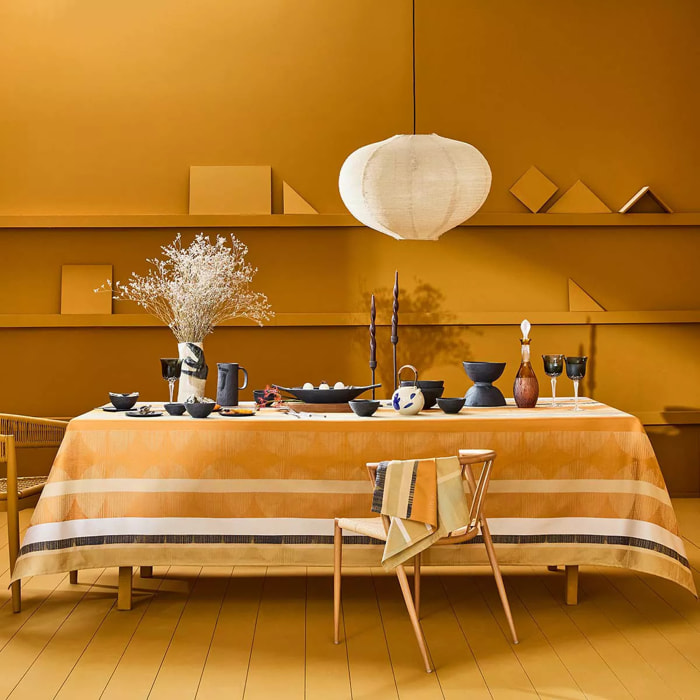 Nappe pur coton motif jacquard beige marron Mille edo cuir