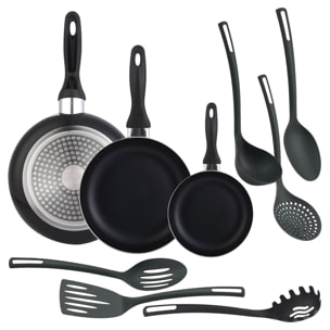 set de 3 sartenes ø16ø20ø24cm de aluminio prensado en negro + 6 utensilios de cocina en pbt color negro