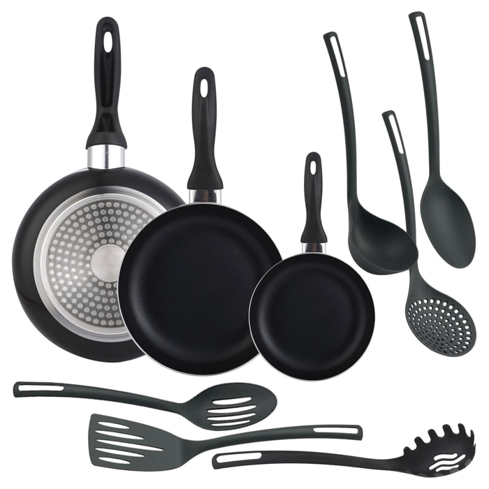 set de 3 sartenes ø16ø20ø24cm de aluminio prensado en negro + 6 utensilios de cocina en pbt color negro