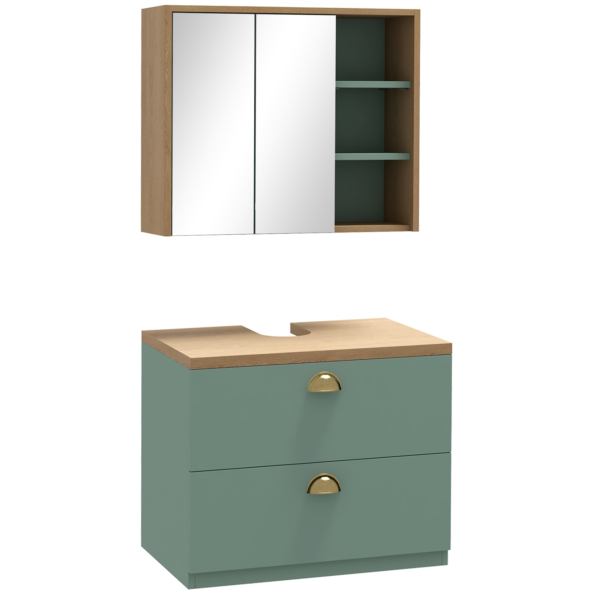 Ensemble 2 meubles salle de bain - meuble sous-vasque suspendu, armoire murale miroir - aspect bois clair vert