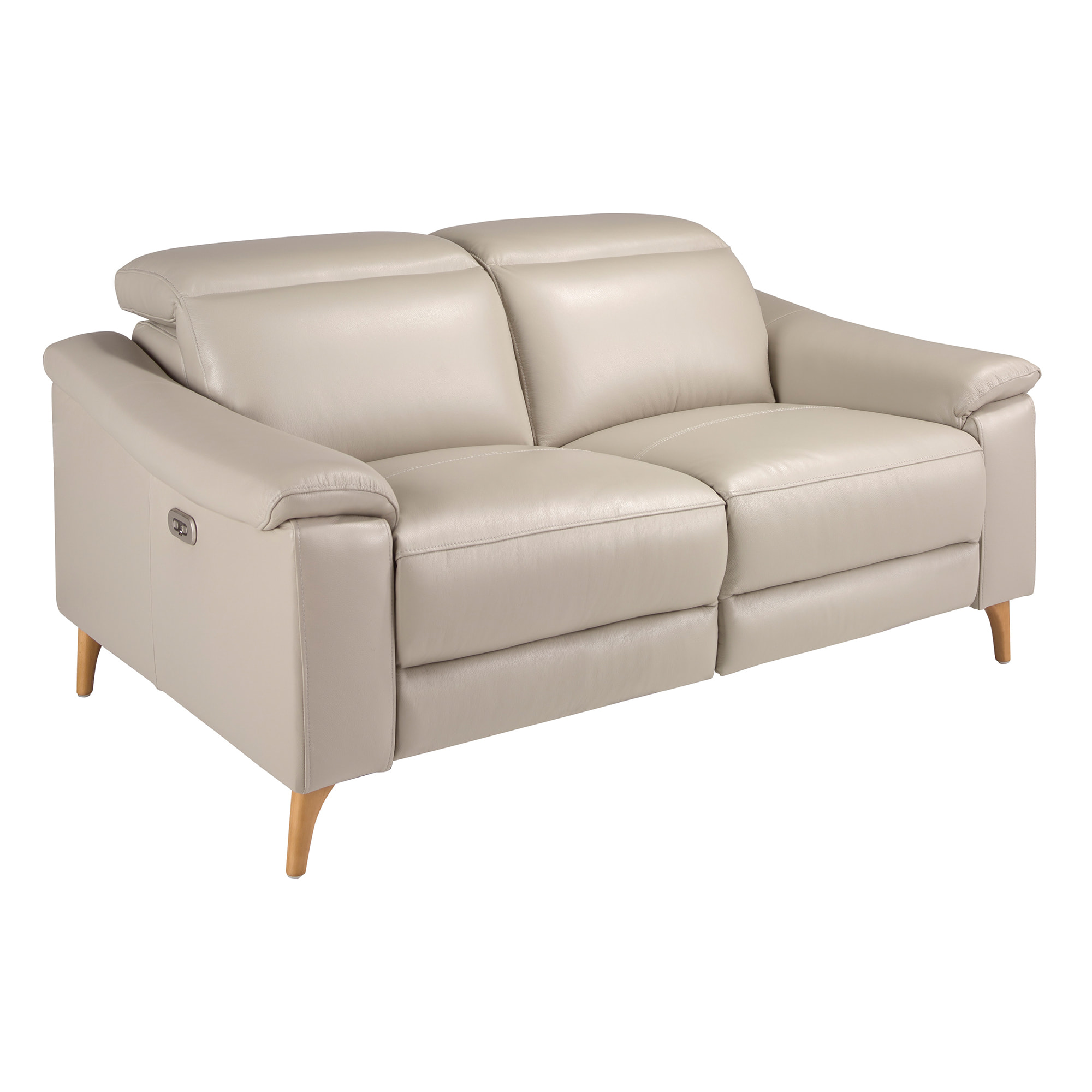 Sofá relax de 2 plazas tapizado en piel de origen vacuno en gris taupe con reposacabezas patas de madera en miel 2 sistemas de relax eléctrico 160x104x102cm