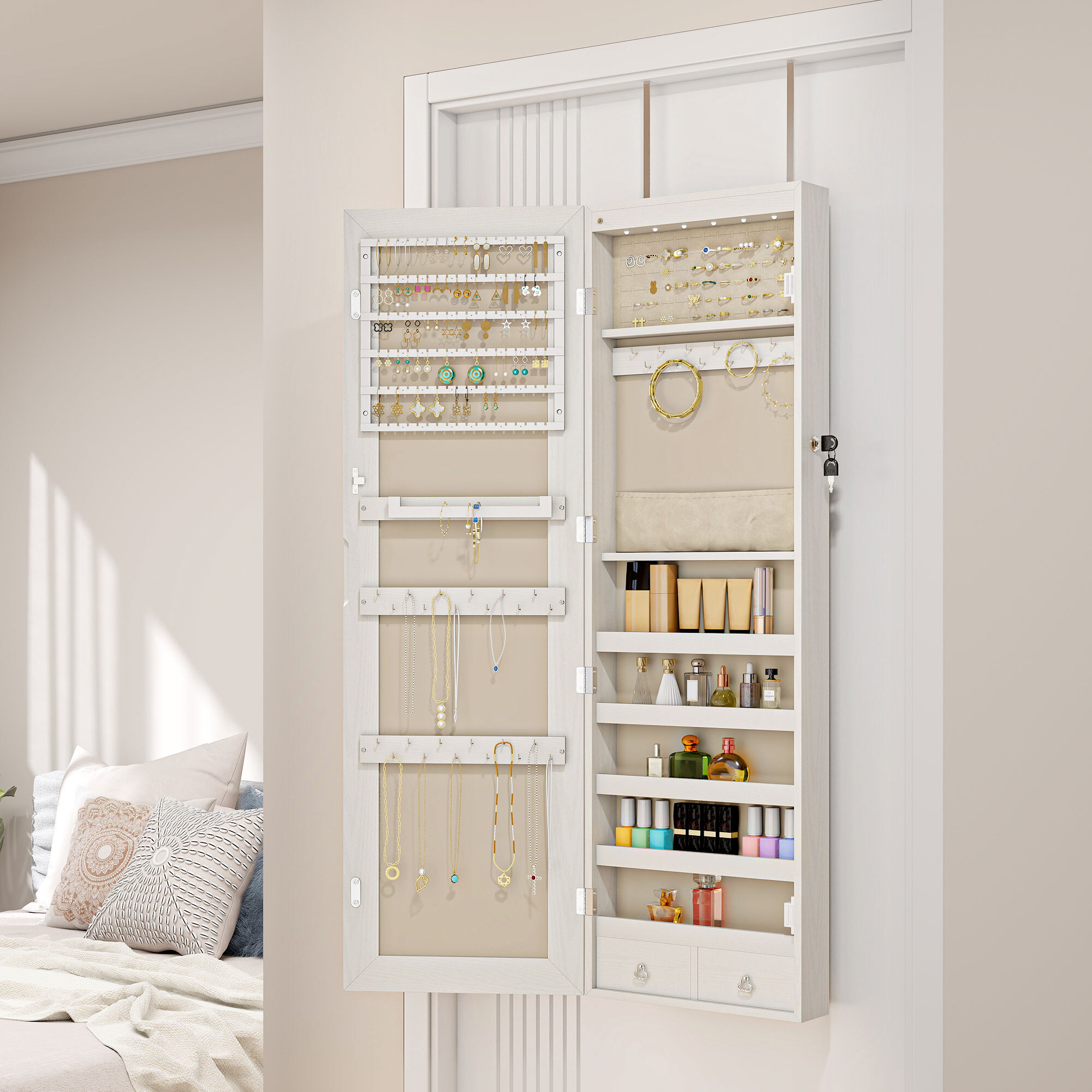 Espejo Joyero con Luz LED, Armario Joyero Montado en la Pared o en la Puerta, Armario para Joyas con Cerradura, Espejo Entero, Blanco