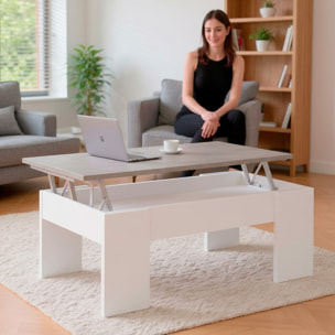 Tavolino Da Caffè Sollevabile Con Contenitore Tavolo Salvaspazio Piano Alzabile Soggiorno Salotto Vano Portaoggetti 100x69x57 Cm Bianco Grigio Cemento