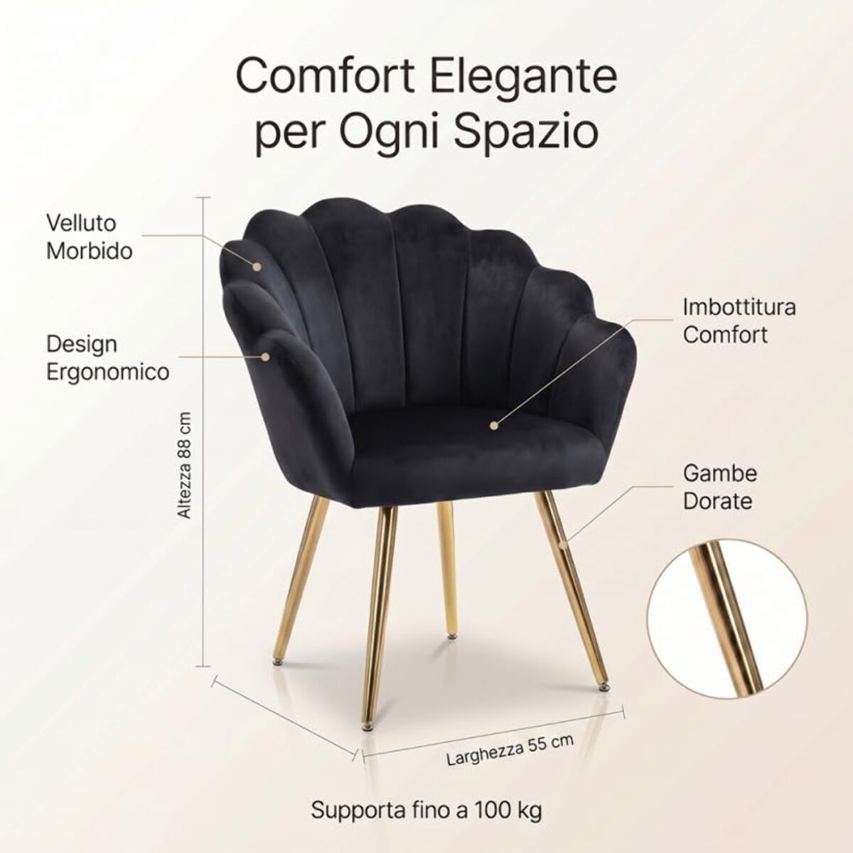 Poltrona in velluto design a conchiglia elegante e moderna, seduta imbottita confortevole con base in legno e gambe in metallo dorato, poltroncina versatile per soggiorno, camera o ufficio, stabile e resistente fino a 100 kg, stile raffinato e decorativo