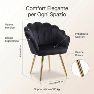Poltrona in velluto design a conchiglia elegante e moderna, seduta imbottita confortevole con base in legno e gambe in metallo dorato, poltroncina versatile per soggiorno, camera o ufficio, stabile e resistente fino a 100 kg, stile raffinato e decorativo