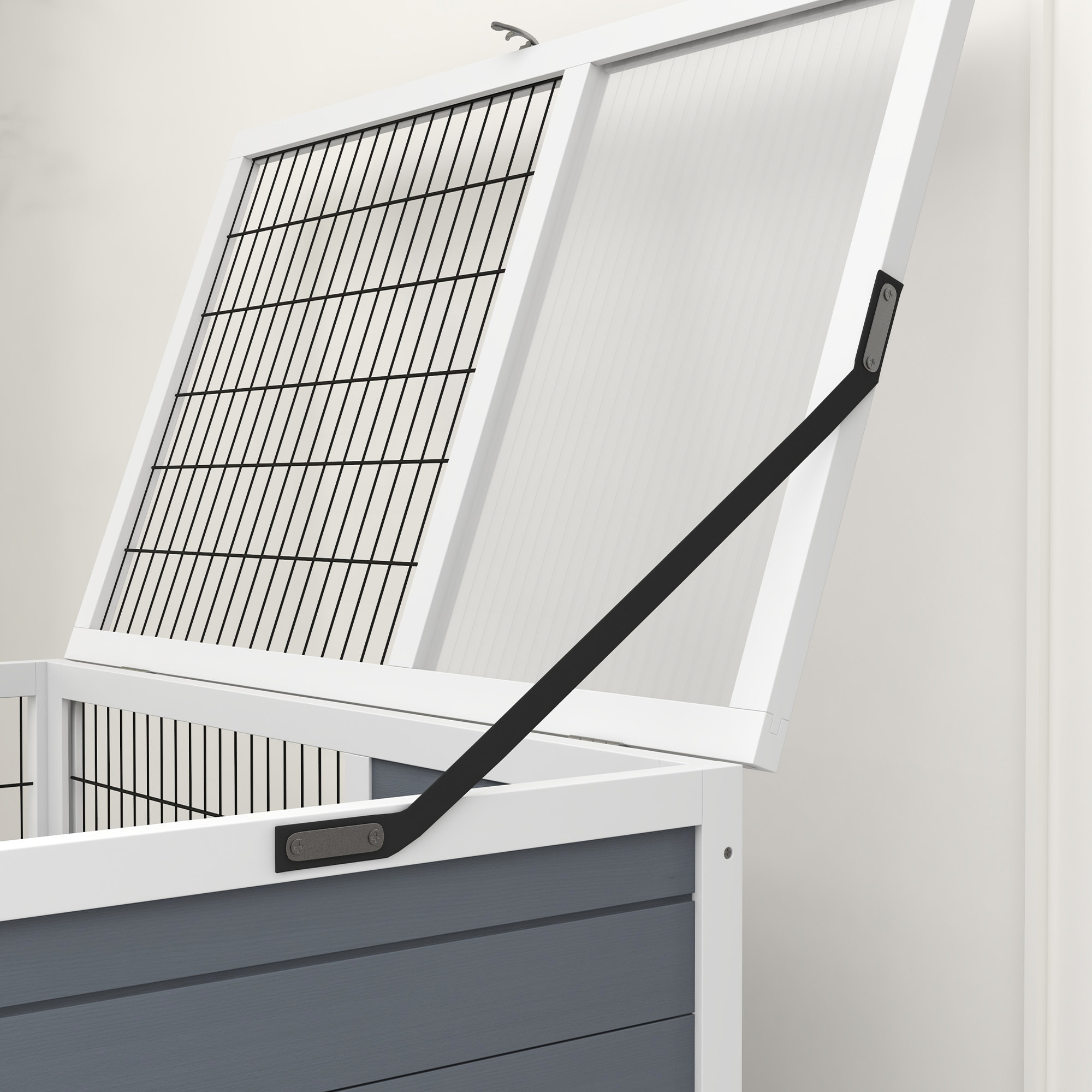 Conejera de Madera con Ruedas 90x53x97 cm Jaula para Conejos de 2 Niveles con Techo Abatible Bandeja Extraíble Comedero y Rampa Gris y Blanco