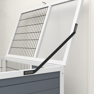 Conejera de Madera con Ruedas 90x53x97 cm Jaula para Conejos de 2 Niveles con Techo Abatible Bandeja Extraíble Comedero y Rampa Gris y Blanco