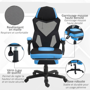 Fauteuil gaming chaise gamer dossier et hauteur réglable roulettes pivotantes repose-pied tissu maille bleu noir