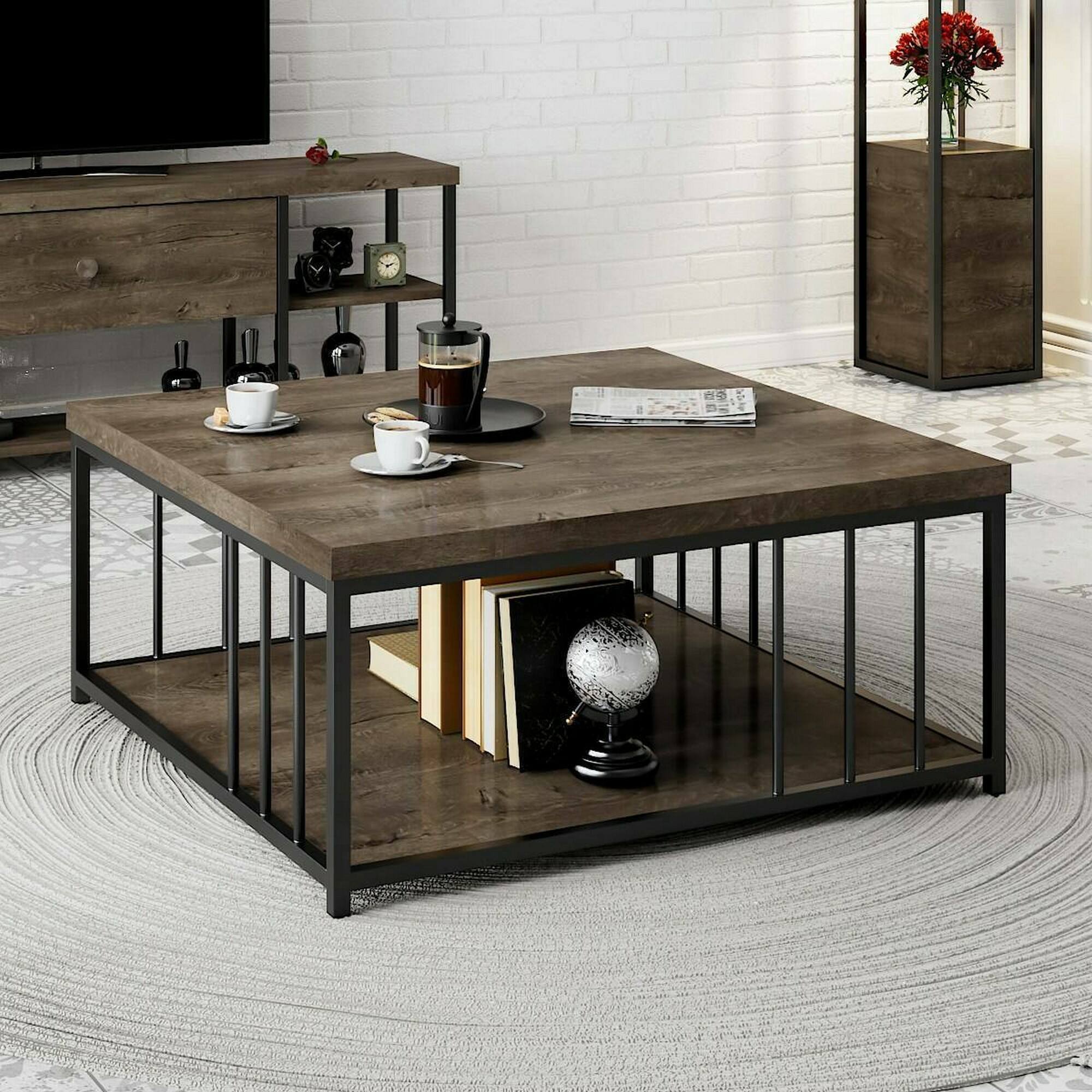 Tavolino da salotto Raiden, Tavolo basso da caffè, Portariviste per divano, Ripiano da soggiorno, 90x90h40 cm, Noce e Nero