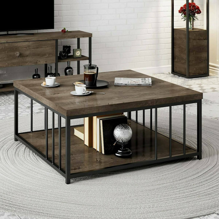 Tavolino da salotto Raiden, Tavolo basso da caffè, Portariviste per divano, Ripiano da soggiorno, 90x90h40 cm, Noce e Nero