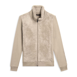 Felpa con zip, collo e fronte in sherpa, logo borchie