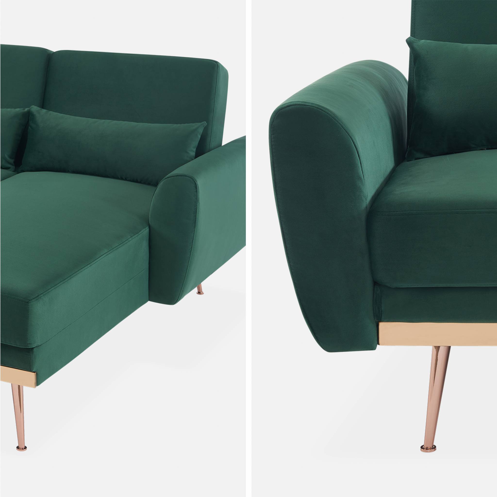 Canapé d'angle convertible. réversible 3 places. velours vert anglais. pieds fins or rose