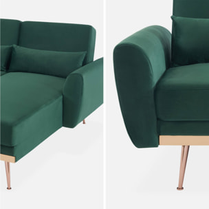 Canapé d'angle convertible. réversible 3 places. velours vert anglais. pieds fins or rose