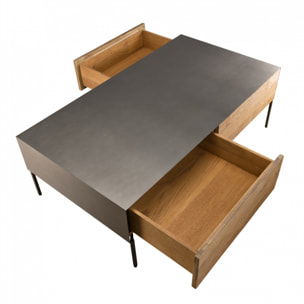 MADISON - Table basse rectangulaire 111x60cm 2 tiroirs bois Teck recyclé métal et pieds métal gris anthracite