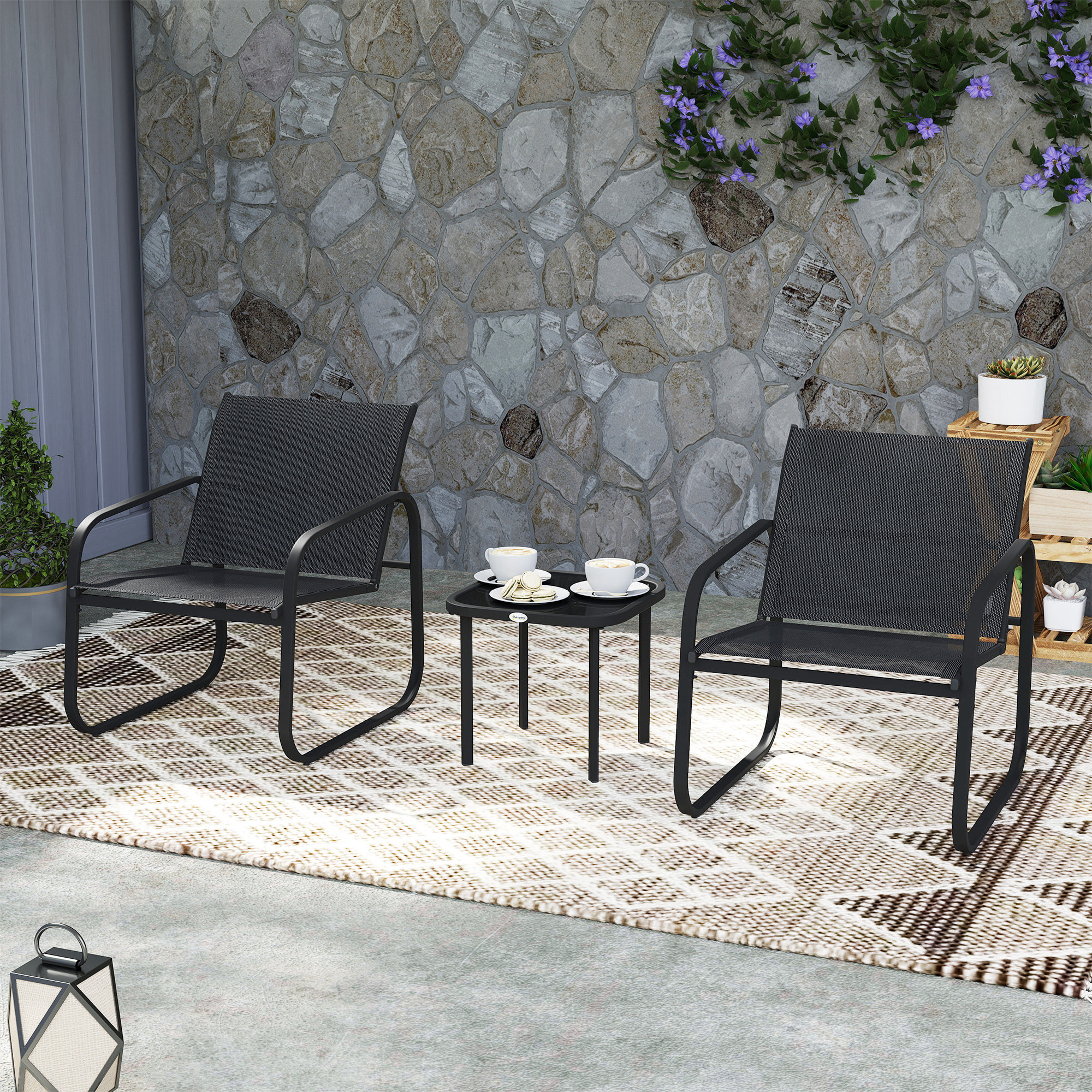 Ensemble bistrot de jardin relax 2 personnes 3 pièces plateau verre trempé acier textilène noir