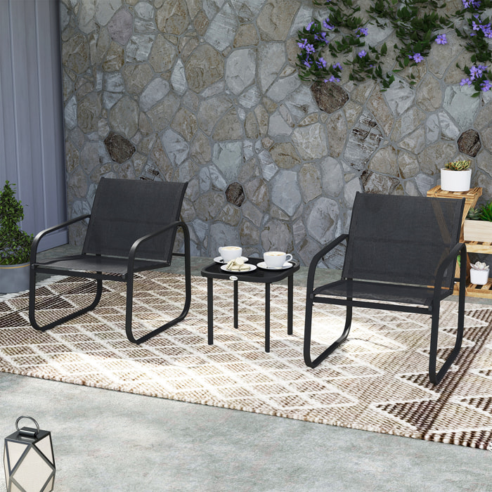 Ensemble bistrot de jardin relax 2 personnes 3 pièces plateau verre trempé acier textilène noir