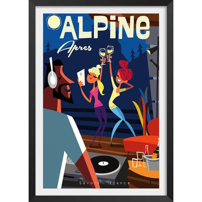 Poster vintage after ski en savoie Affiche + cadre en bois - Noir