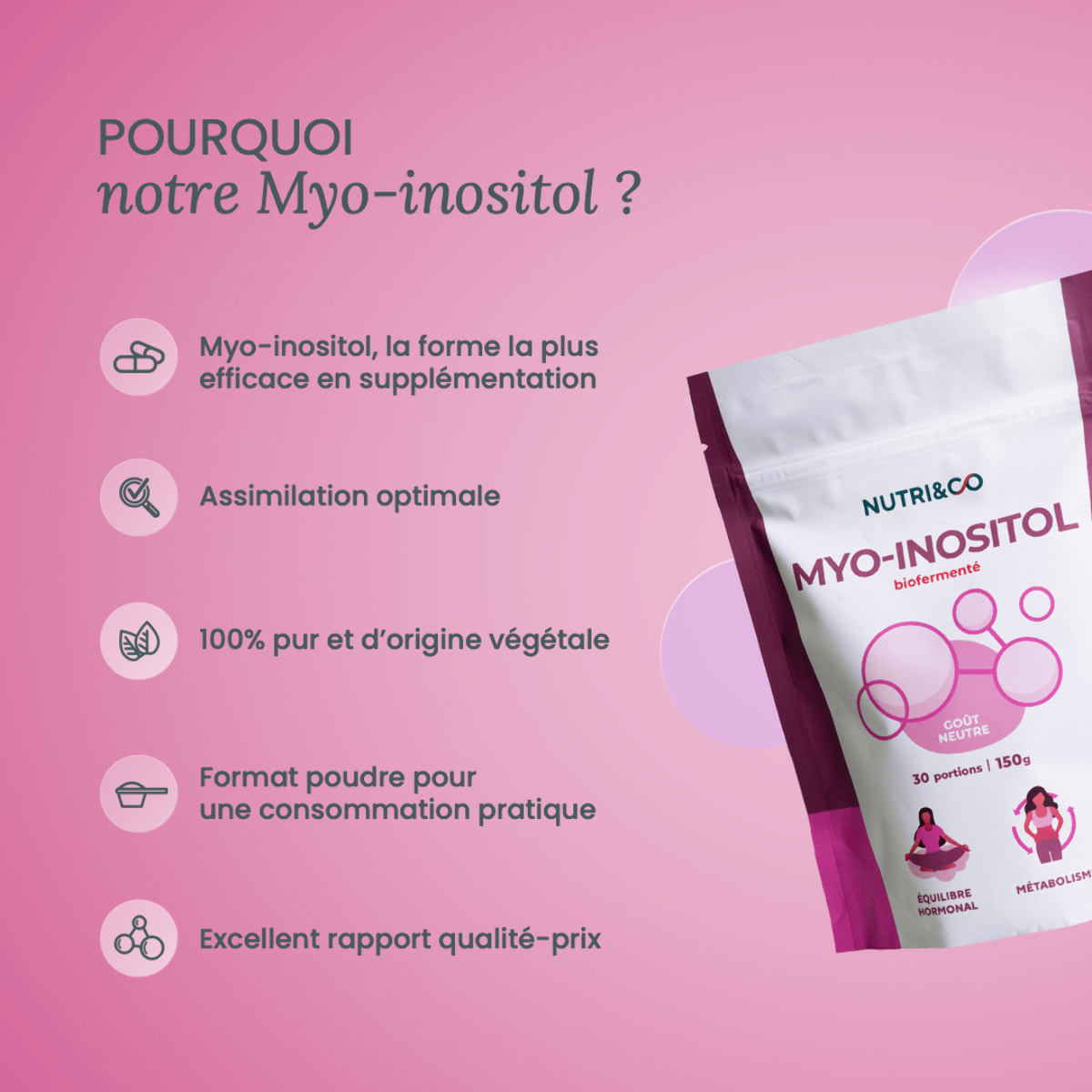 NUTRI & CO Myo-Inositol Pure en poudre + Vitamine B6 - SOPK, Soutien Hormonal & Métabolique - 150g goût neutre