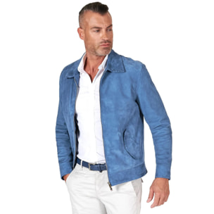 Giacca in camoscio denim blu con colletto camicia impunturato a mano