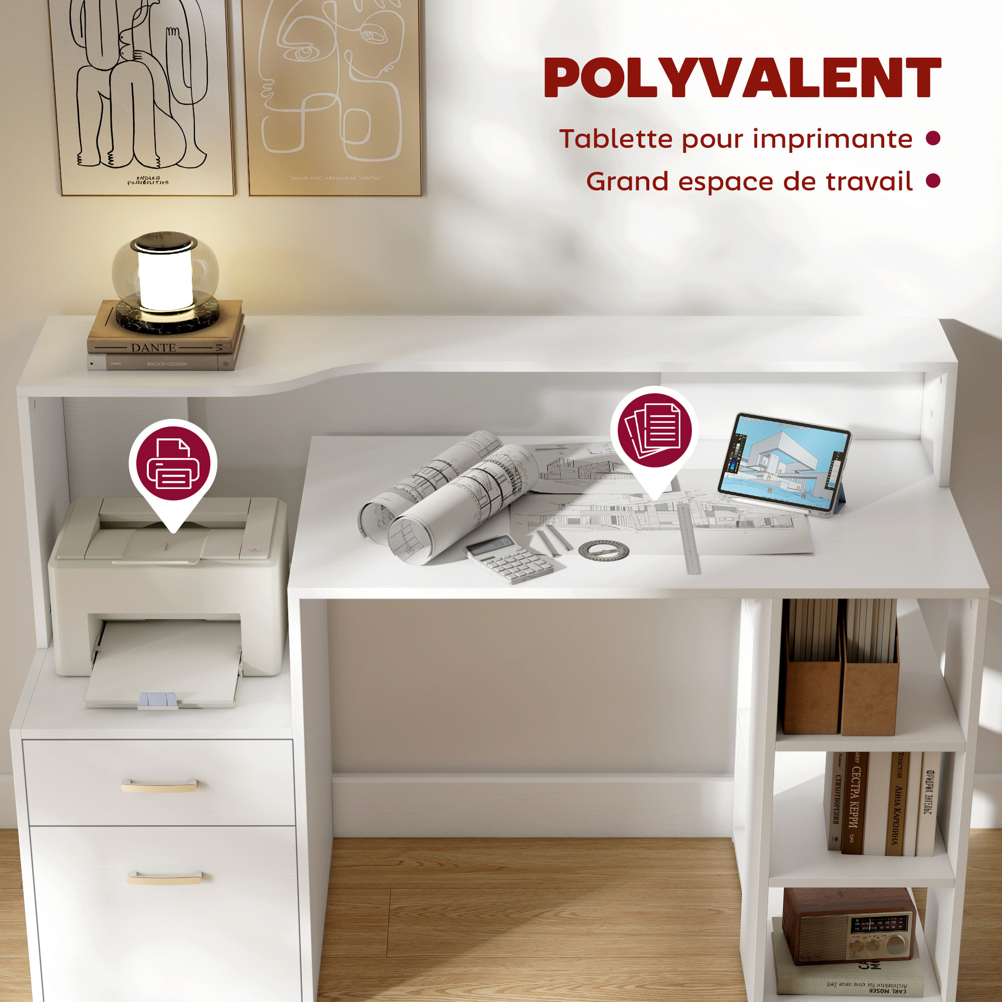 Bureau informatique multimédia design multi-rangement dim. 137 x 55 x 92 cm