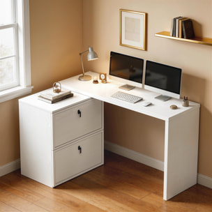 Escritorio Reversible en Forma de L, Mesa de Escritorio con 2 Cajones Archivadores, Diseño Moderno para Espacios Pequeños, Oficina en Casa, Blanco