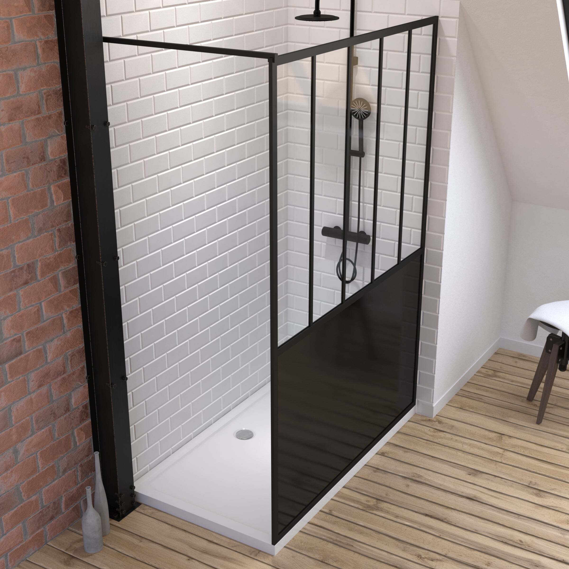 Pack Paroi de douche 140x200 cm noir mat - verre trempe 5mm + RECEVEUR A POSER RECTANGLE - 140x80cm