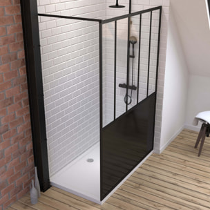 Pack Paroi de douche 140x200 cm noir mat - verre trempe 5mm + RECEVEUR A POSER RECTANGLE - 140x80cm