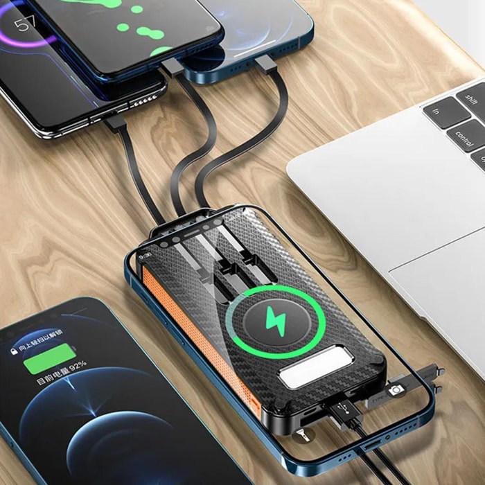 Powerbank solar de 10.000mAh con carga inalámbrica de 5W, cablés incorporado USB-C, Lightning y Micro USB. Linterna led incorporada.