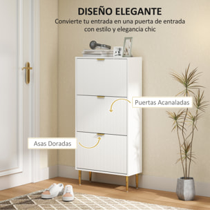 Zapatero Estrecho con 3 Puertas Acanaladas Zapatero Entrada Recibidor con Estantes Ajustables para 18 Pares de Zapatos 60x24x128 cm Blanco