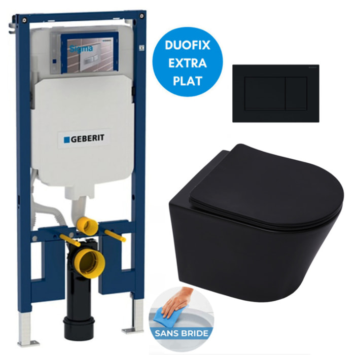 Pack WC Bati-support Geberit UP720 slim + WC SAT Infinitio noir mat sans bride + Abattant softclose + Plaque Noir mat