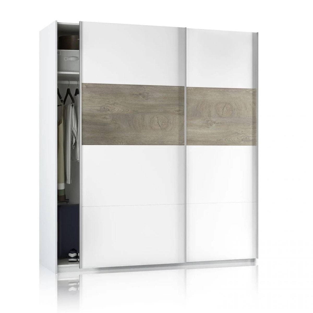 Armario Brike 180 2 puertas correderas Blanco Artik (Blanco Mate) – Roble Alaska