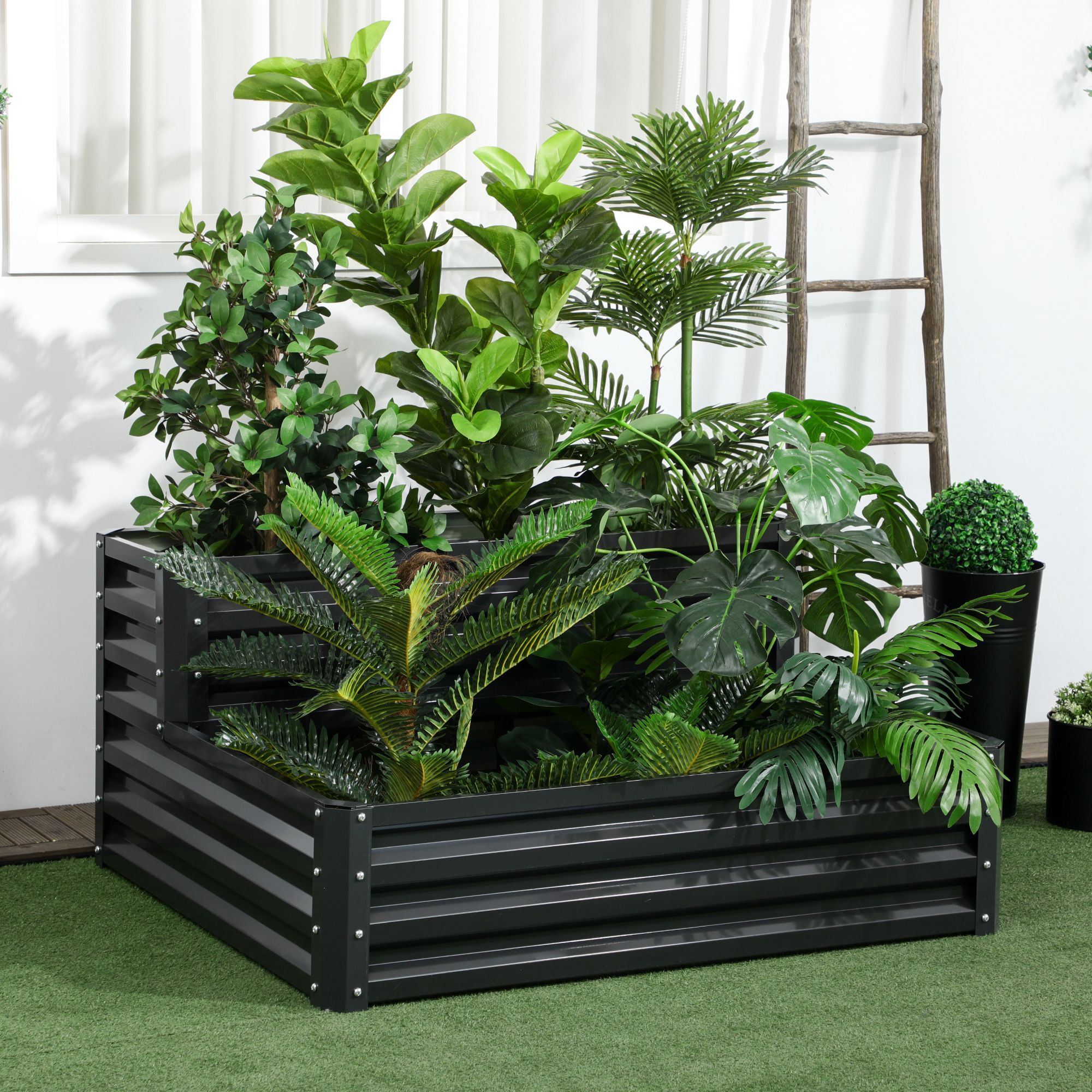 Huerto Urbano de 2 Niveles de Acero Galvanizado, Jardinera Exterior con Diseño de Escalera y Fondo Abierto para Cultivos, Plantas, Herbaria, para Terraza, Jardín, 120x101x58 cm, Gris Oscuro