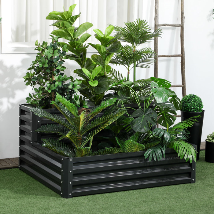 Huerto Urbano de 2 Niveles de Acero Galvanizado, Jardinera Exterior con Diseño de Escalera y Fondo Abierto para Cultivos, Plantas, Herbaria, para Terraza, Jardín, 120x101x58 cm, Gris Oscuro