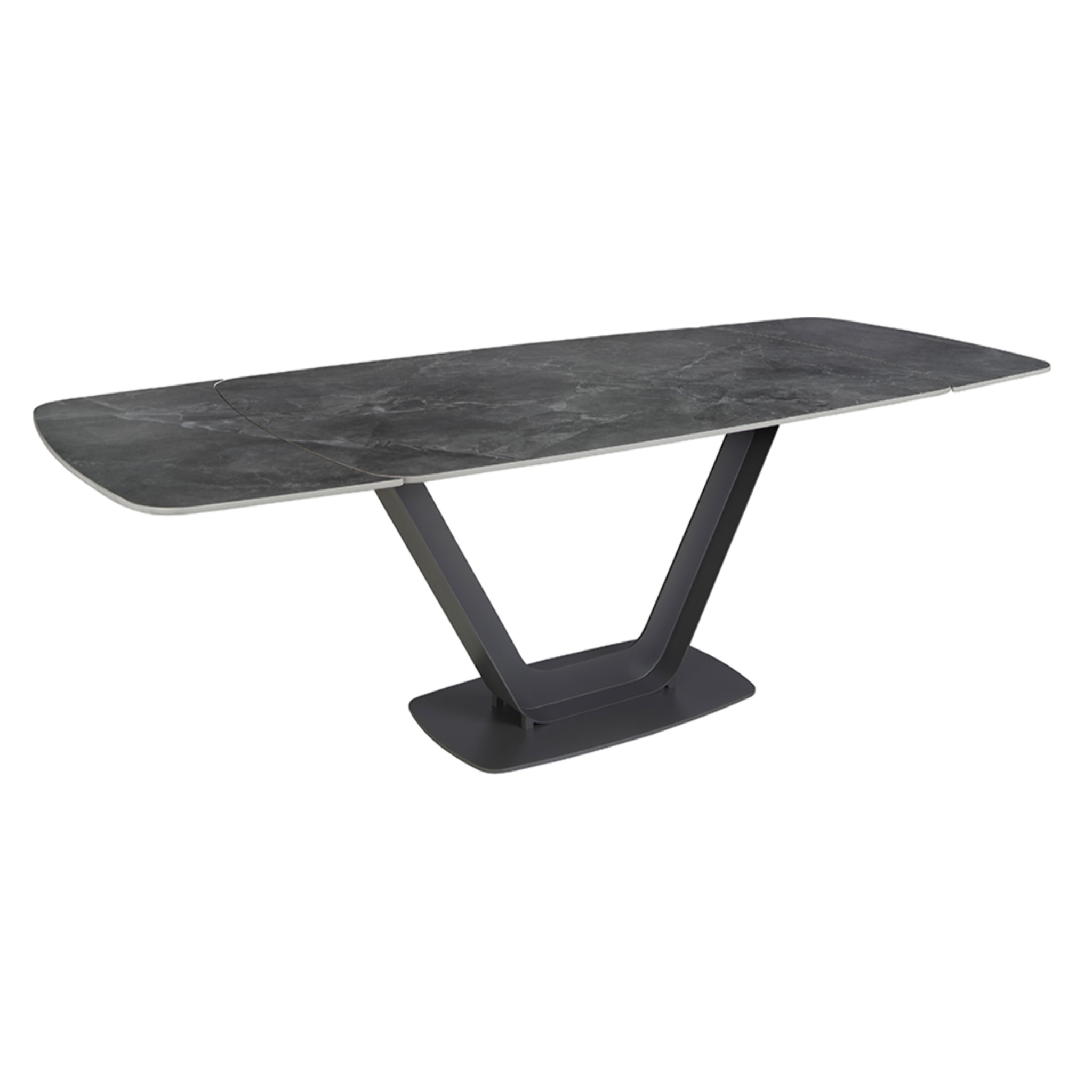 Mesa comedor Angel Cerdá extensible ovalada barril con tapa de mármol porcelánico en negro con vetas grises en acabado mate 160x100x76cm