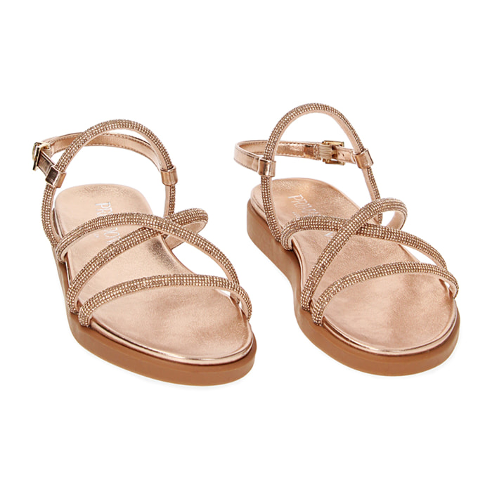 Sandalias bajas rosa-oro en laminado con piedras