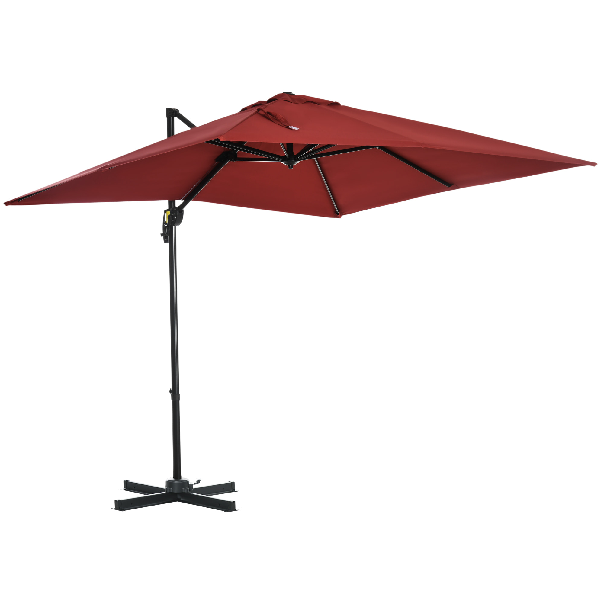 Parasol déporté carré inclinable manivelle avec pied en acier dim. 2,45L x 2,45l x 2,45H m métal alu. polyester haute densité rouge