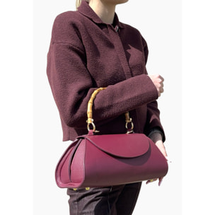 Borsa a Mano Elegante da Donna con Manico in Bambu in Pelle Martellata