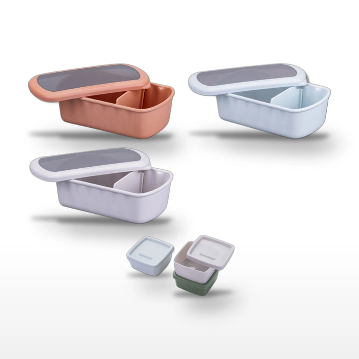 Lot de 3 lunch box 1L avec 3 boites à sauce Fackelmann Storage Terracotta + Bleue + Beige
